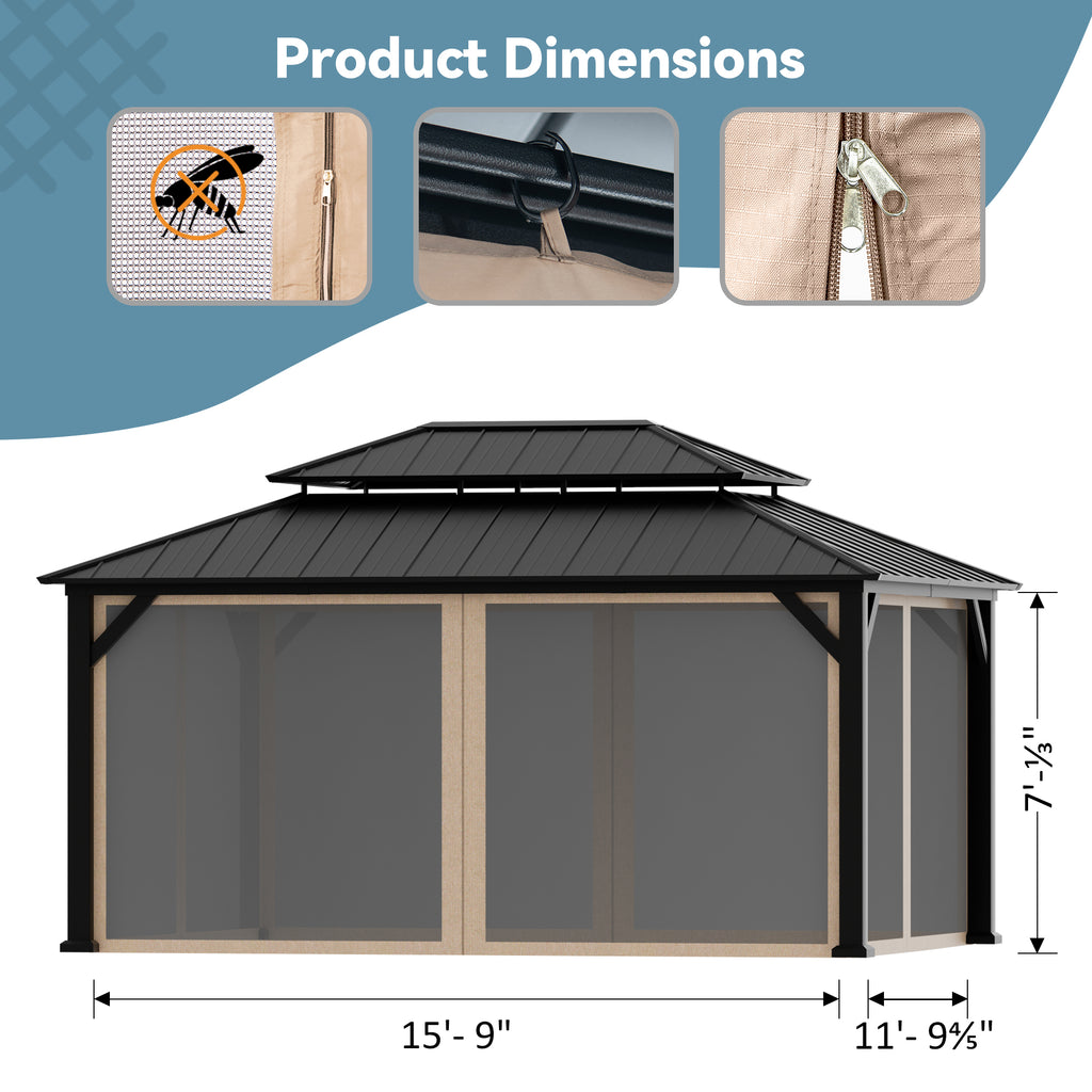 Modern Shade 12'x16' Universal Gazebo Mosquito Netting Replacement - 4-Panel Sidewalls with Double Zipper (Net Only)