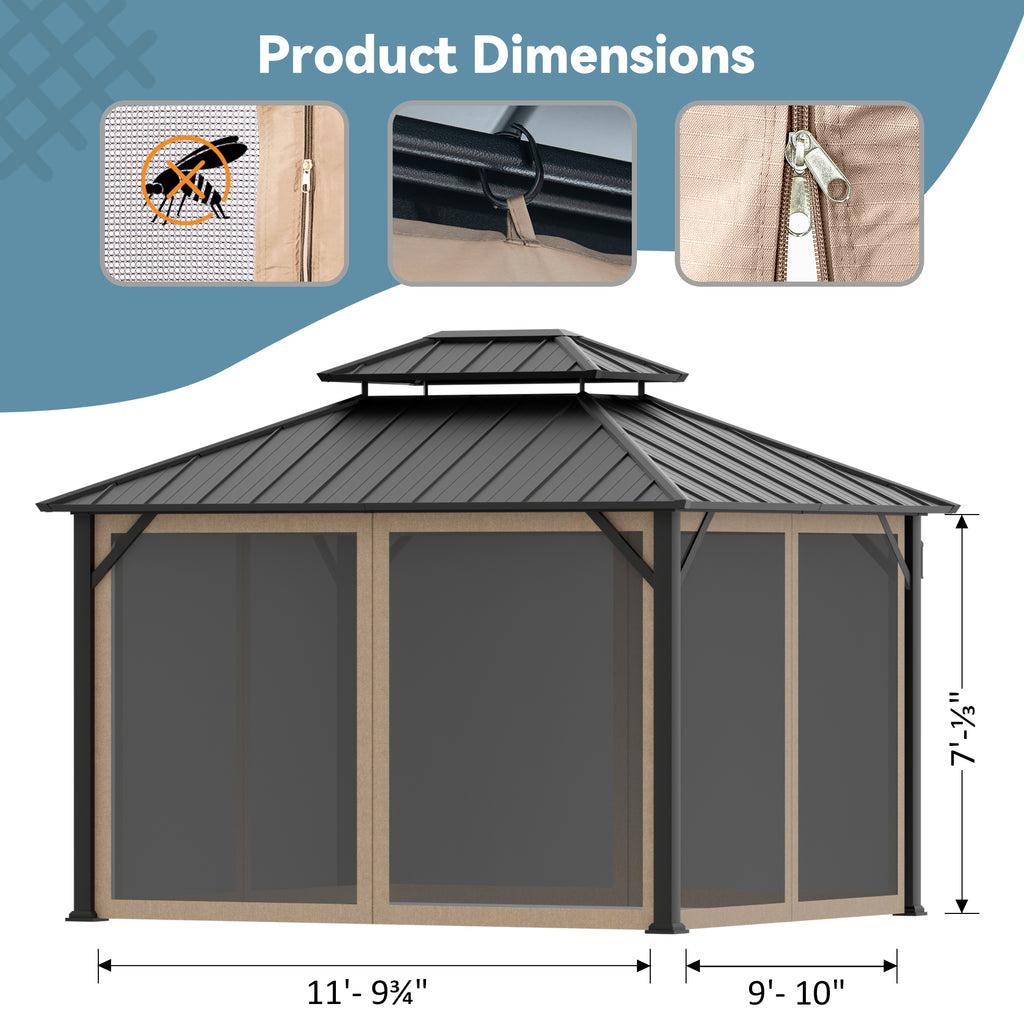 Covered Outdoor Universal 10'x12' Gazebo Mosquito Netting- 4-Panel Double Zipper Sidewalls