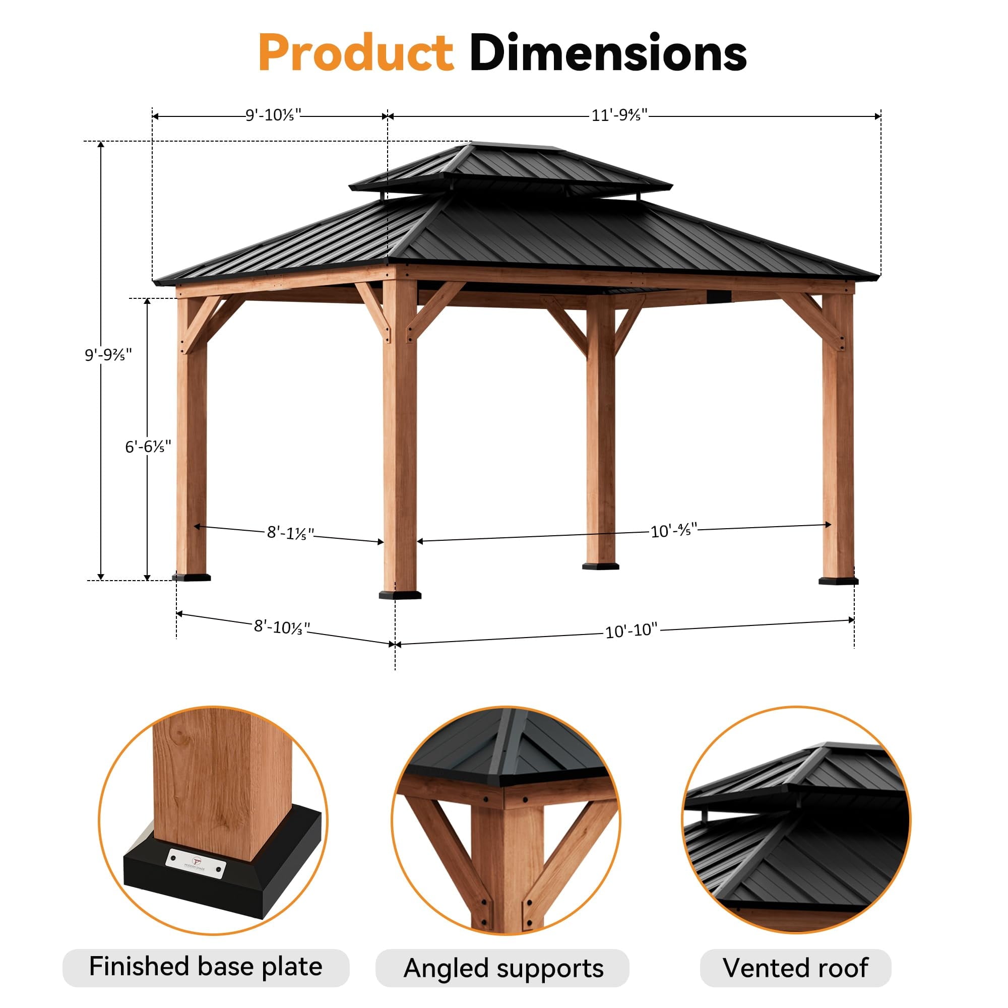 Modern Shade 10'x12' Cedar Gazebos with Double Steel Roof, Mosquito Netting Privacy Curtains Shelter with Hooks for Backyard and Patio Brown