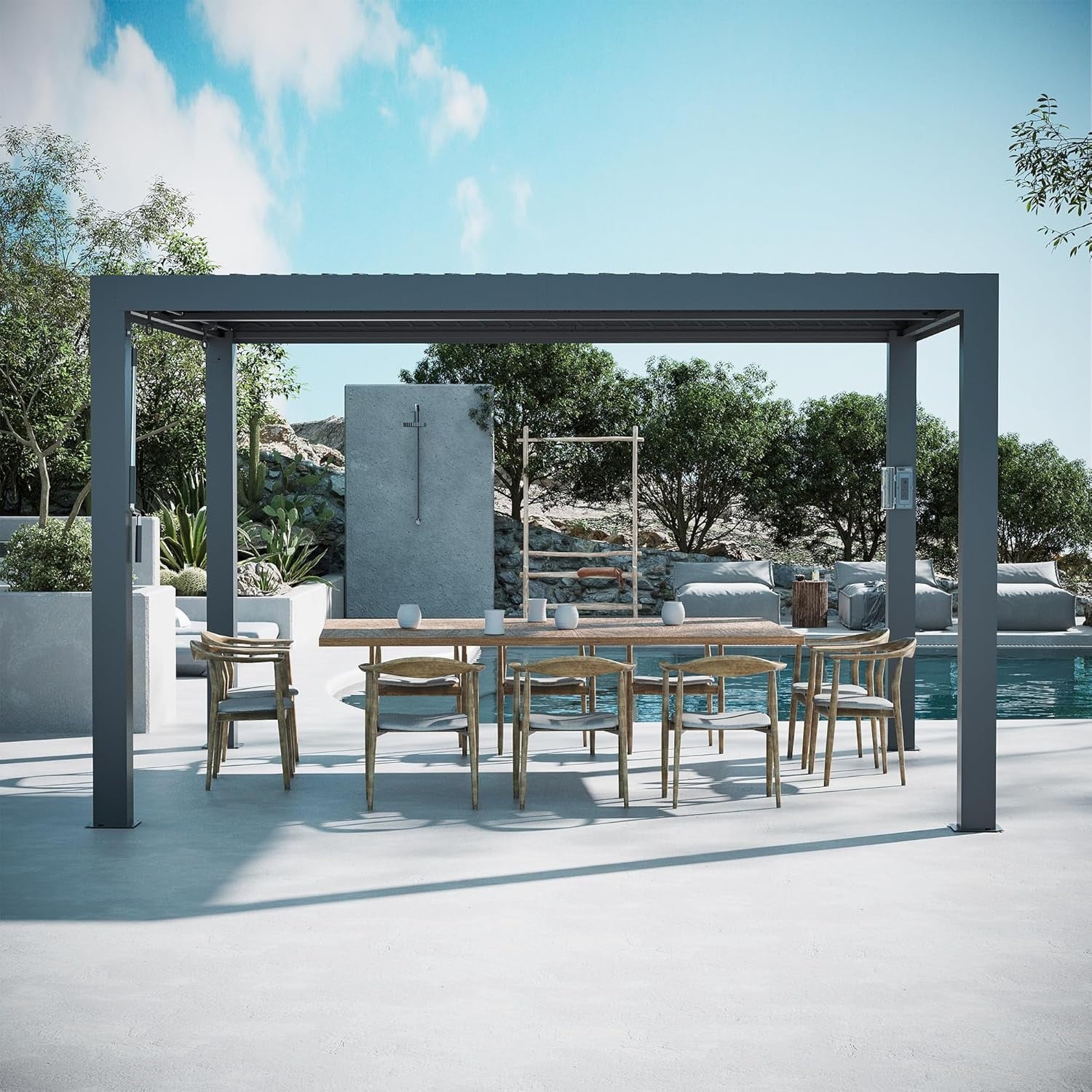 Modern Shade 10'x12' Louvered Pergola, Adjustable Waterproof Roof, USB Port, Black Metal Frame