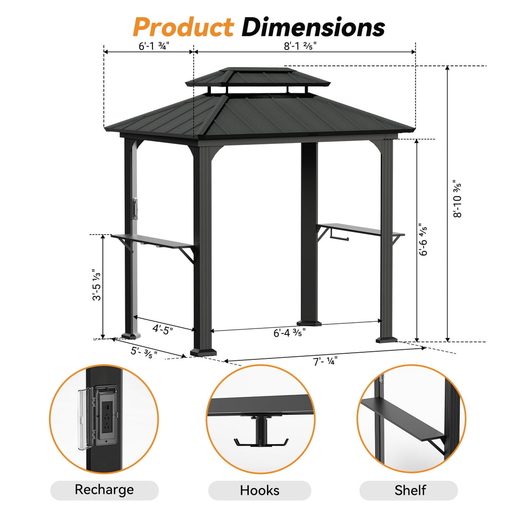 Modern Shade 6‘x 8‘ Gazebo featuring rustproof steel roof, practical storage shelves and lighting hook weather-resistant for backyard bbqs Black