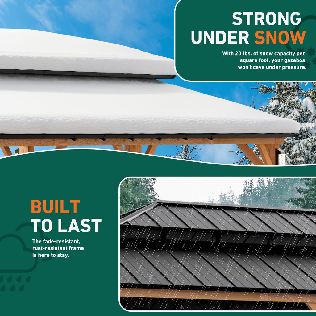 FONA 12' x 24' Hardtop Gazebo with LED Lights, Double Roof & Curtains