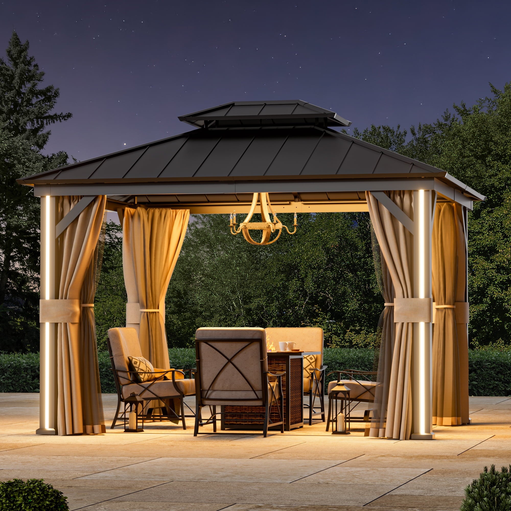 FONA 10'x12' Hardtop Gazebo with LED Lights,Double Roof,USB Port,Netting & Curtains for Patio,Black