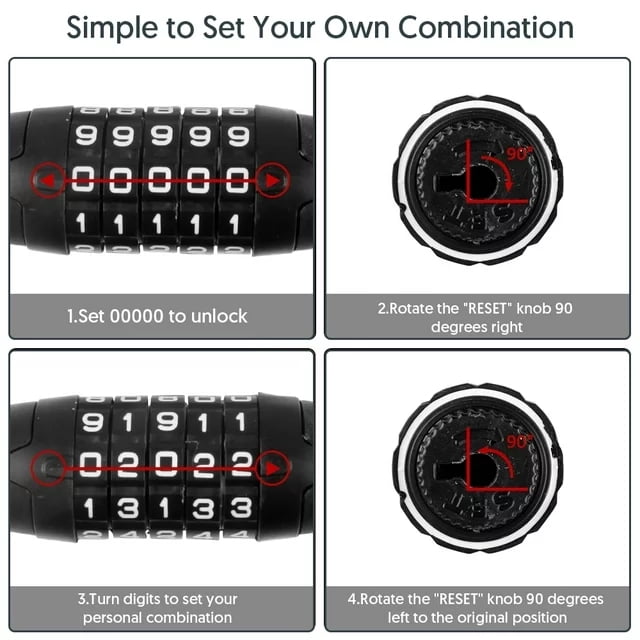 Covered Outdoor 4ft Resettable Combination Bike Lock | 4-Digit Secure Cable Lock for Bicycles, Outdoor Use (Black)