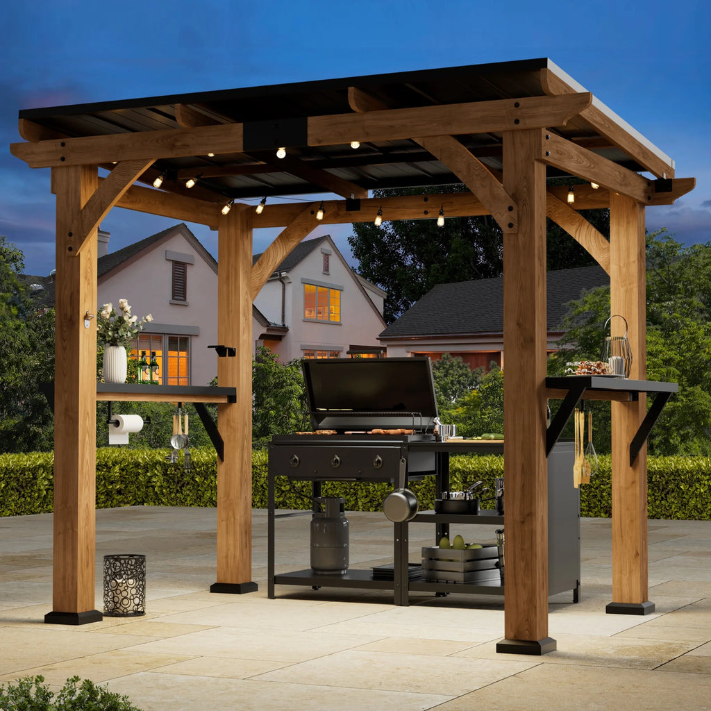 Modern Shade 6' x8' Grill Gazebo Cedar Wood Frame Galvanized Steel Roof Paper Towel Holder Rotatable Hooks