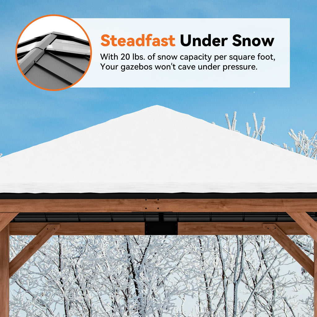 Modern Shade 11'x 11'Outdoor Cedar Wood Hardtop Gazebo with Galvanized Steel Roof and Mosquito Net for Patio Use