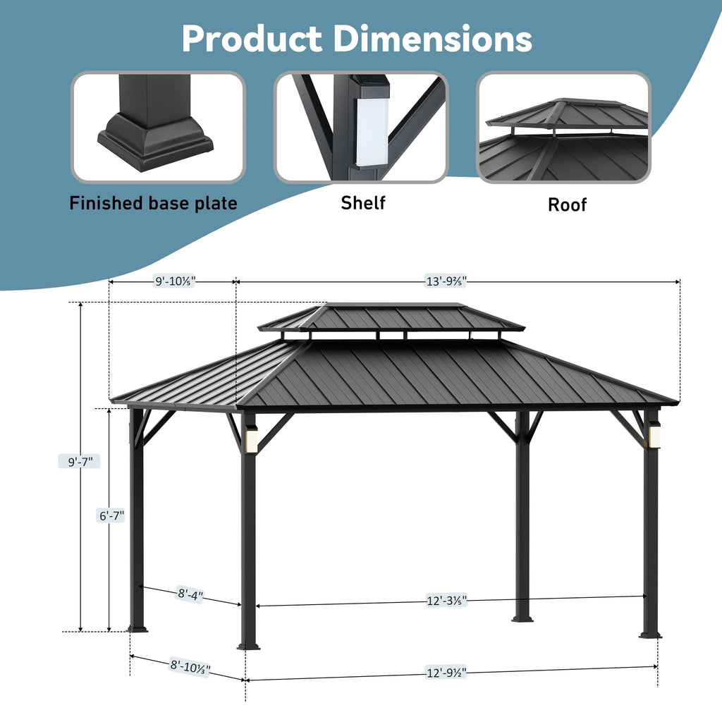 Modern Shade The Horizon Hardtop Gazebo - 10' x 14' Black Double Steel Roof with 4 Solar LED Lights