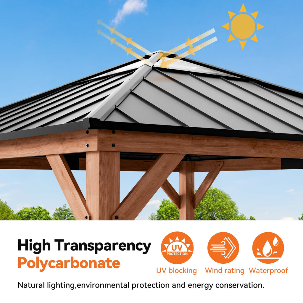 Modern Shade 11'x 11'Outdoor Cedar Wood Hardtop Gazebo with Galvanized Steel Roof and Sunshine Board for Patio Use
