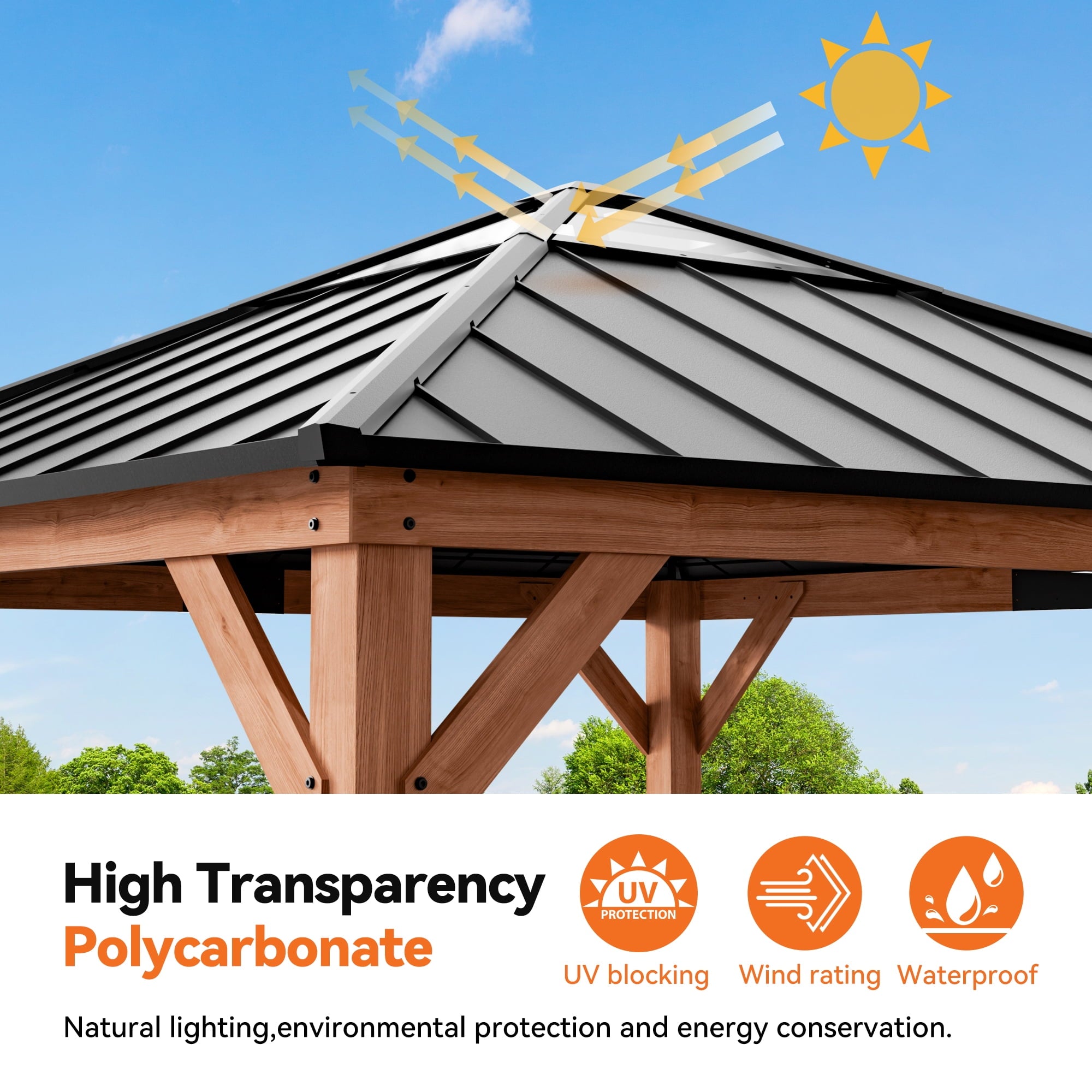 Modern Shade 11'x 11'Outdoor Cedar Wood Hardtop Gazebo with Galvanized Steel Roof and Sunshine Board for Patio Use