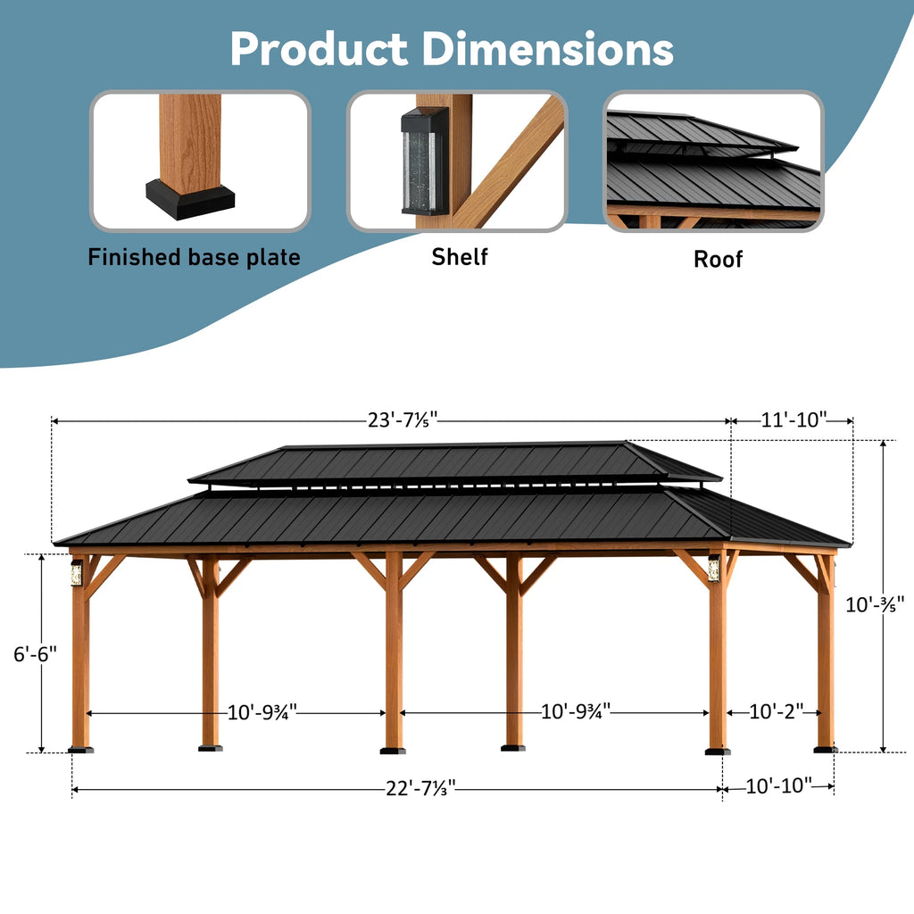 Modern Shade Hardtop Gazebo 12' x 24' with 4 LED Lights, Permanent Gazebo with Double Galvanized Steel Roof for Outdoor Backyard, Brown
