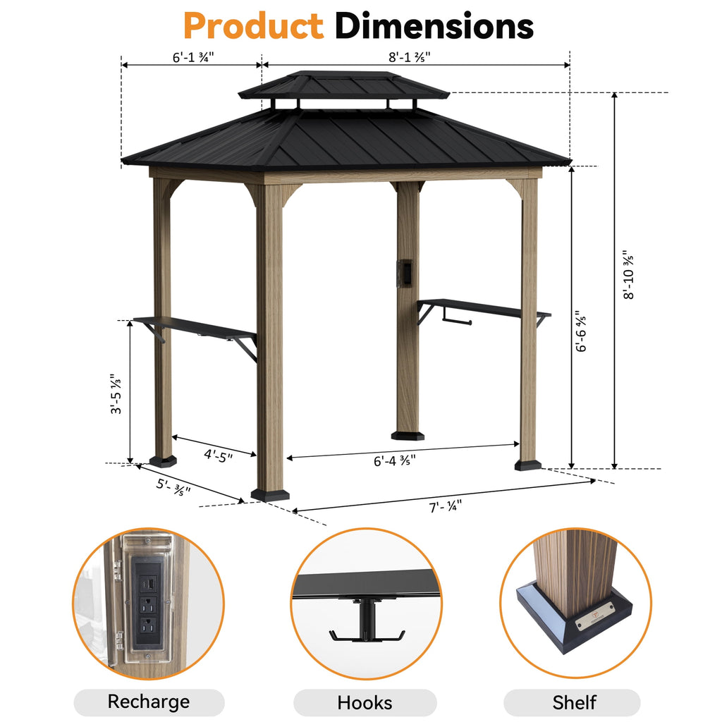 FONA Grill Gazebo 6' X 8', Permanent Aluminum BBQ Gazebos with Shelves and Paper Towel Holder, Grill Canopy with Galvanized Steel Roof, Grill Gazebo with Charging Ports, Wood-Looking