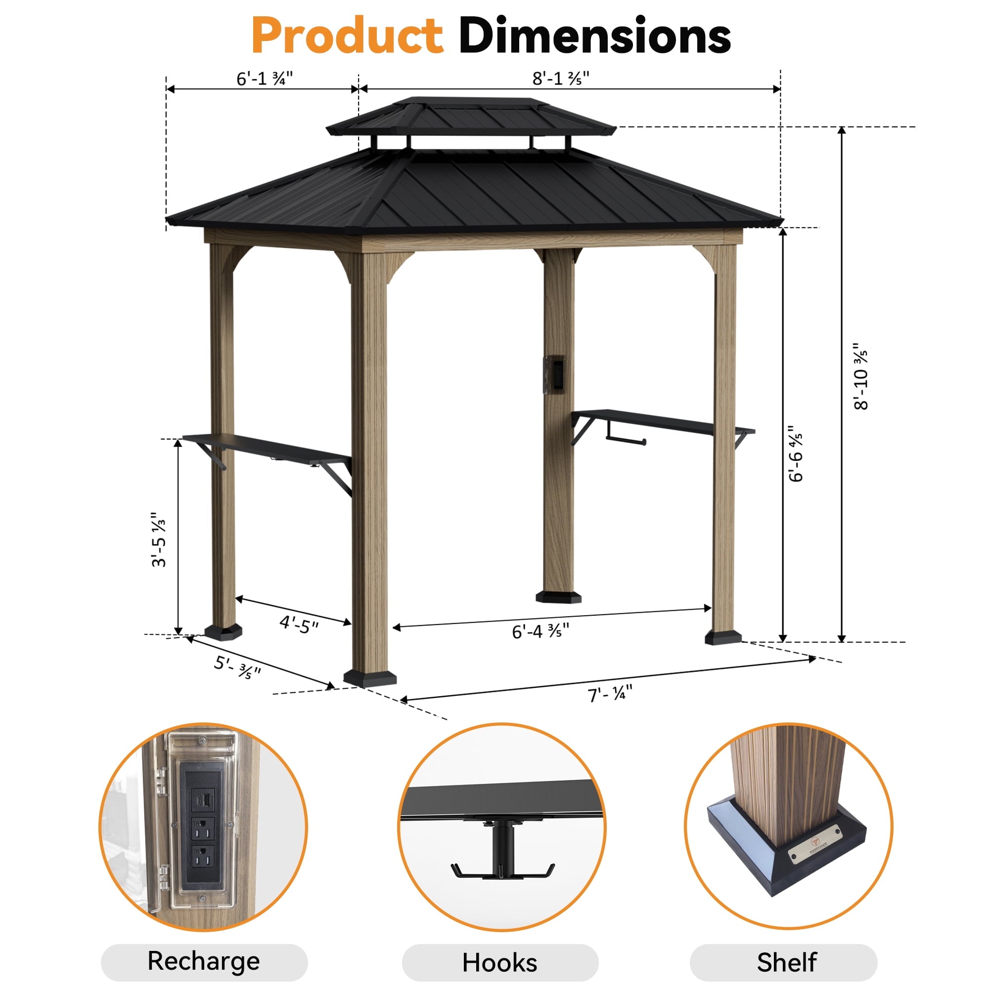 FONA Grill Gazebo 6' X 8', Permanent Aluminum BBQ Gazebos with Shelves and Paper Towel Holder, Grill Canopy with Galvanized Steel Roof, Grill Gazebo with Charging Ports, Wood-Looking
