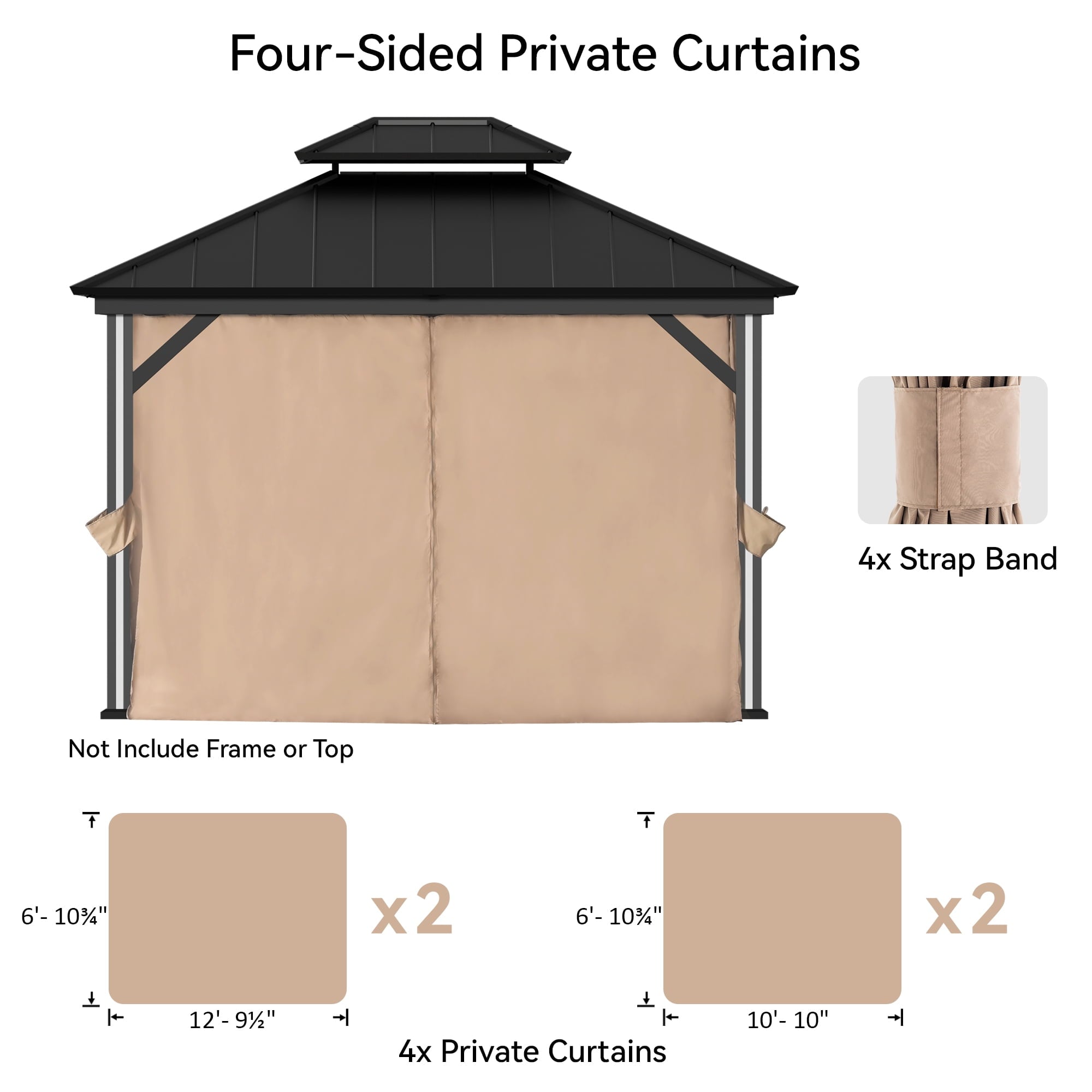 FONA Gazebo Curtain Replacement Universal 4-Panel Sidewalls 11' x 13', Outdoor Gazebo Privacy Curtains with Zipper (Curtain Only)