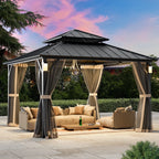 Modern Shade Hardtop Gazebo 12' x 12' with 4 LED Lights, Permanent Gazebo with Double Galvanized Steel Roof for Outdoor Backyard, Black