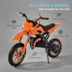 FONA 49cc 2-Stroke Dirt Bike for Kids 8-12, 25mph Mini Motorcycle with Dual Disc Brakes, Multi Terrain Tires, Suspension & Soft Seat Orange