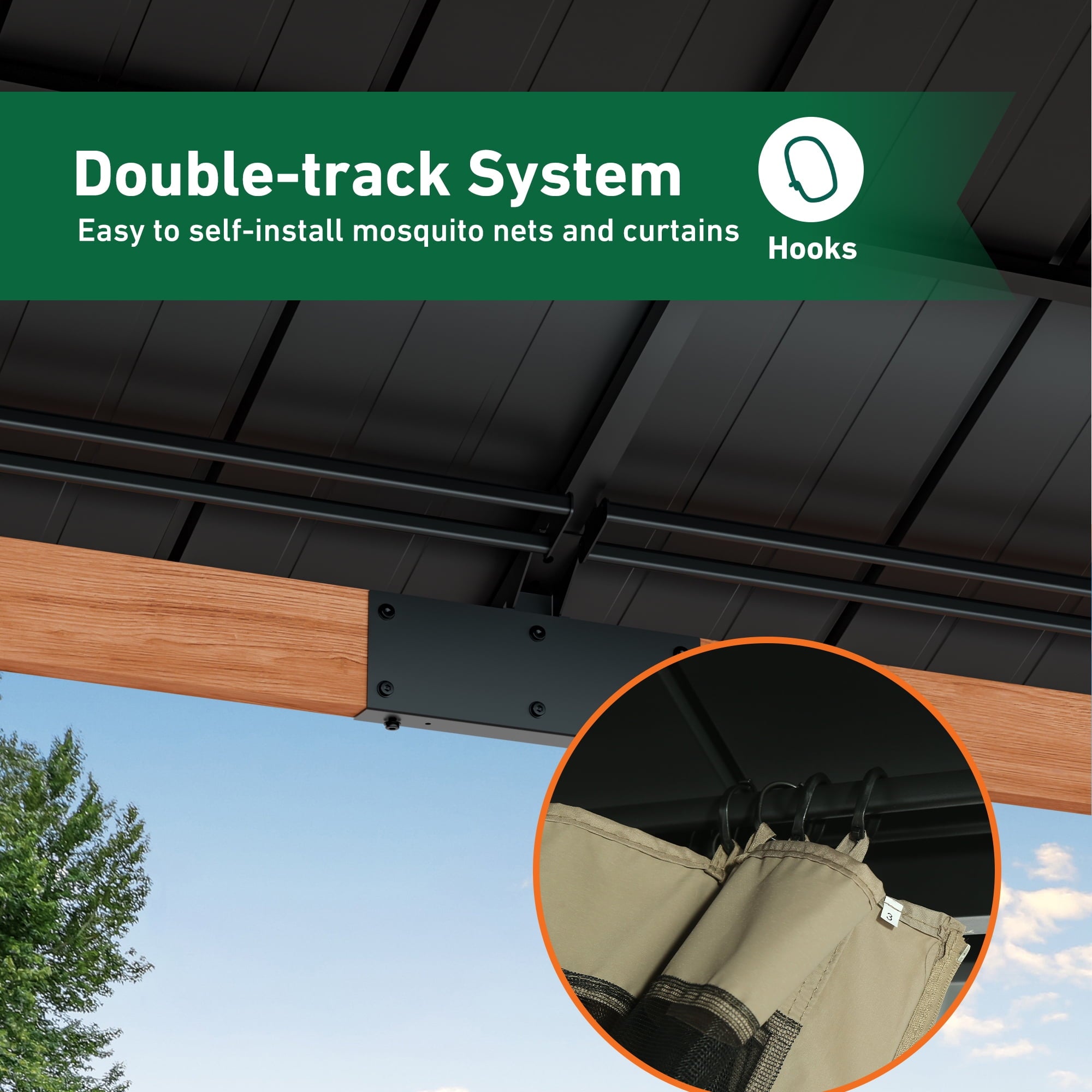 FONA Rosewood 10' x 12' Cedar Gazebo with Double Steel Roof, Mosquito Netting, Curtains & Sturdy Hooks for Backyard, Patio