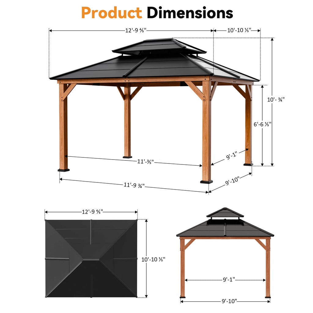 Modern Shade 11‘x13’ Cedar Gazebo with Galvanized Steel Roof & Hooks for Backyard Garden