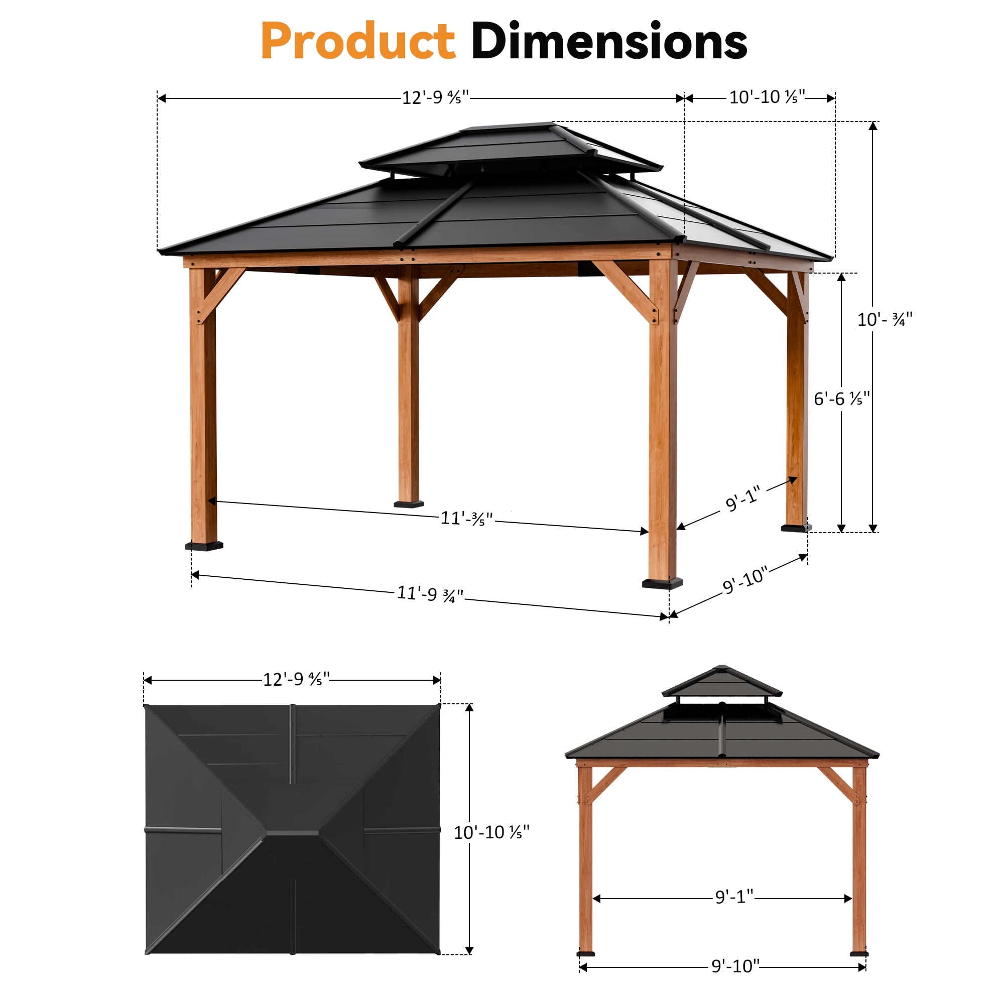 Modern Shade 11‘x13’ Cedar Gazebo with Galvanized Steel Roof & Hooks for Backyard Garden