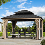 FONA 12'x14' Aluminum Hardtop Gazebo with LED Lights,Netting,Curtains & USB Port,Brown