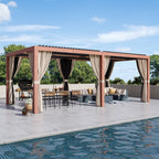 Modern Shade Aurora 10’x20‘ Louvered Pergola with USB Port, Netting Curtains, Drainage System, Steel Frame & Easy Assembly - Wood Grain Design
