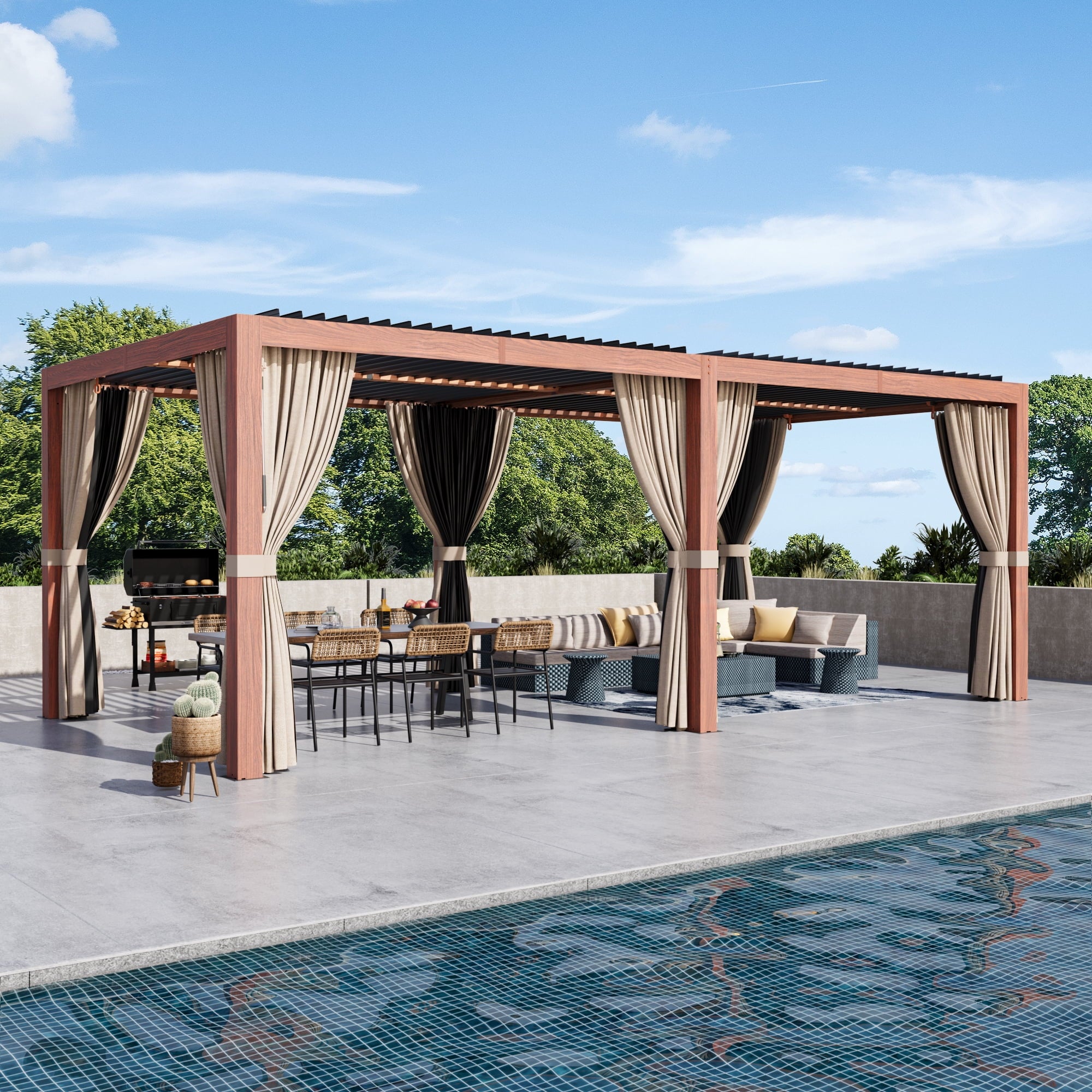 Modern Shade Aurora 10’x20‘ Louvered Pergola with USB Port, Netting Curtains, Drainage System, Steel Frame & Easy Assembly - Wood Grain Design