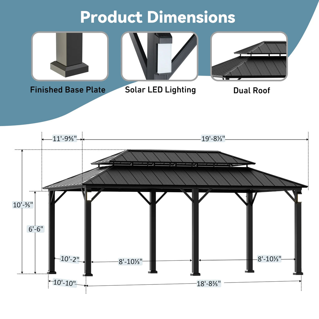 Modern Shade Hardtop Gazebo 12' x 20' with 4 LED Lights, Permanent Gazebo with Double Galvanized Steel Roof for Outdoor Backyard, Black