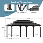 Modern Shade Hardtop Gazebo 12' x 20' with 4 LED Lights, Permanent Gazebo with Double Galvanized Steel Roof for Outdoor Backyard, Black