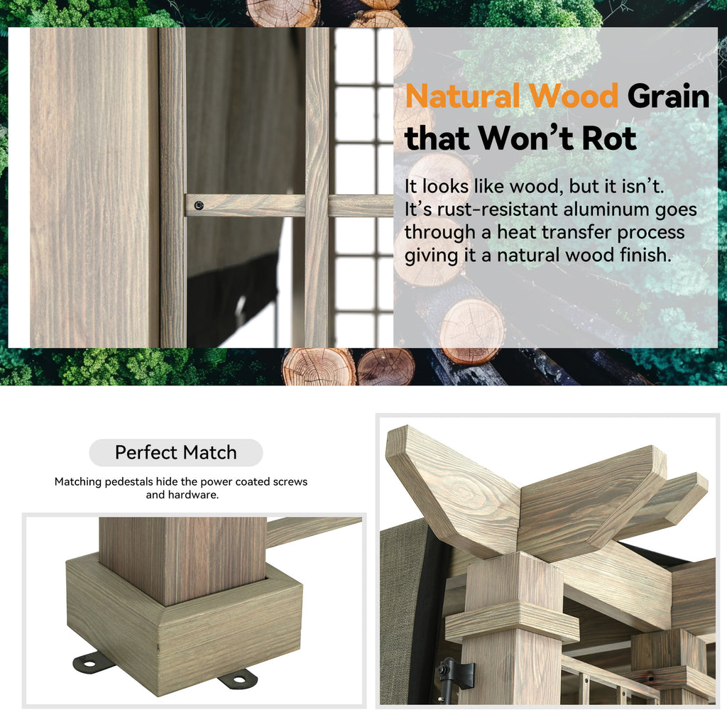 Modern Shade Outdoor Pergola 12' x 14', Patio Pergola with Arched Roof Design, All Aluminum Gazebo with Durable Canvas for patio, Backyard, Deck, Lawn, Wood-Looking