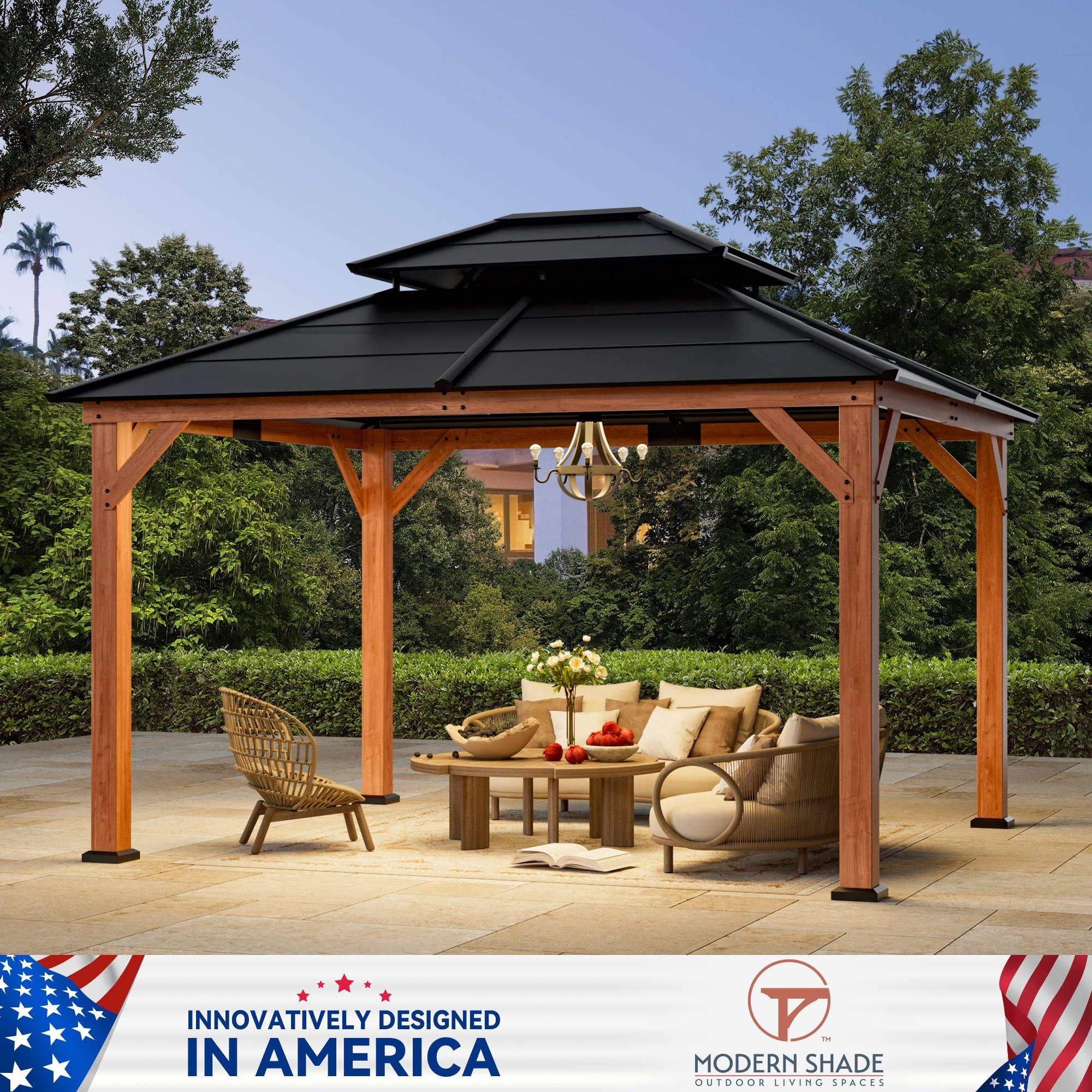 Modern Shade 11‘x13’ Cedar Gazebo with Galvanized Steel Roof & Hooks for Backyard Garden