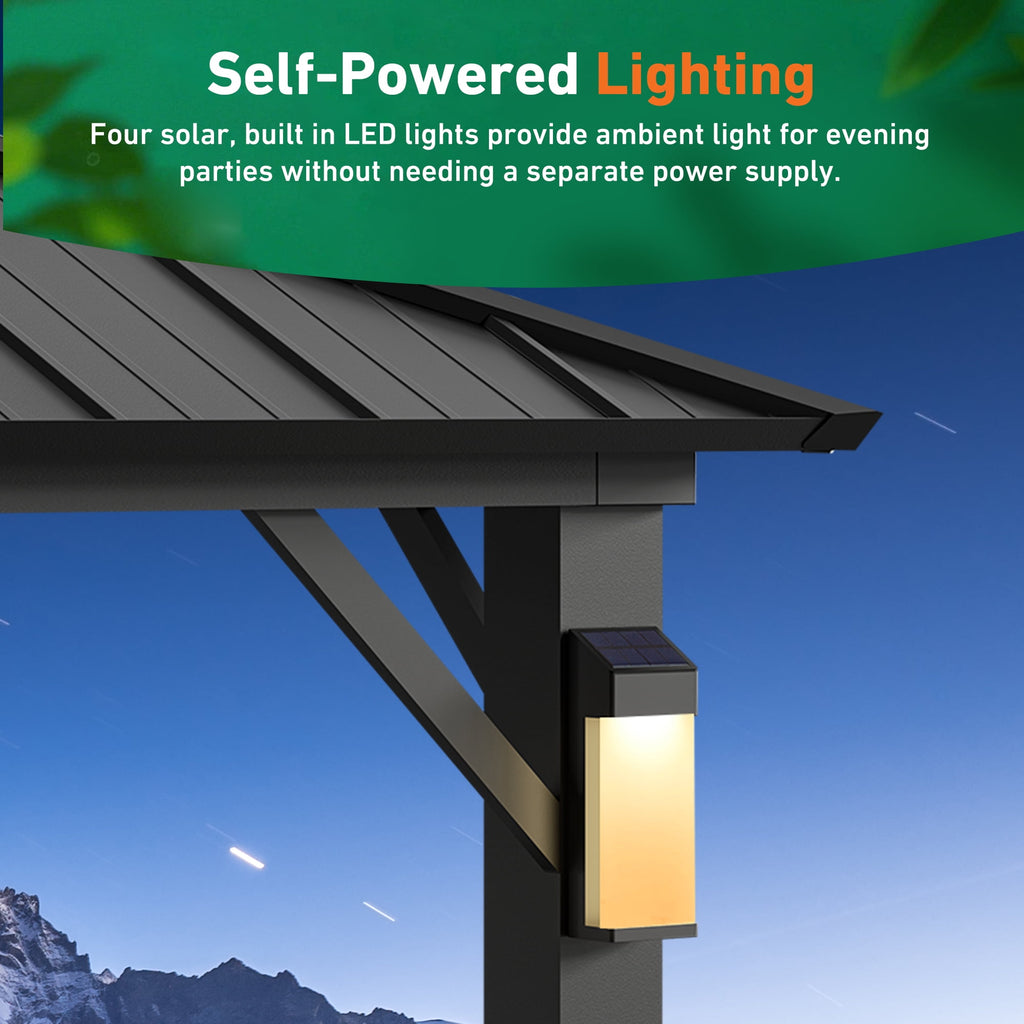 FONA The Horizon Permanent Hardtop Gazebo 12' x 24' with 4 LED Lights, Outdoor Gazebo with Galvanized Steel Double Roof, Patio Pavilion w/Decor Hooks, Mosquito Netting and Curtains, Black