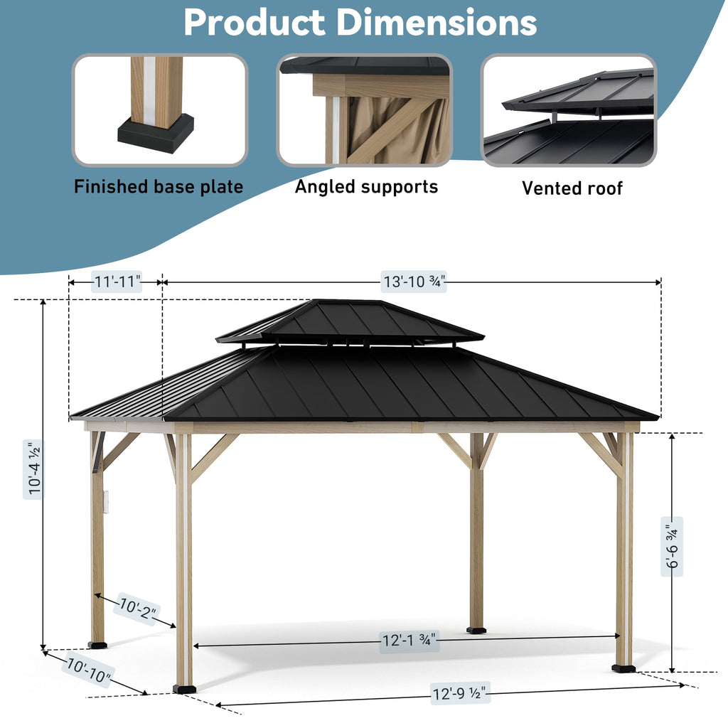 FONA 12'x14' Aluminum Hardtop Gazebo with LED Lights,Netting,Curtains & USB Port,Brown