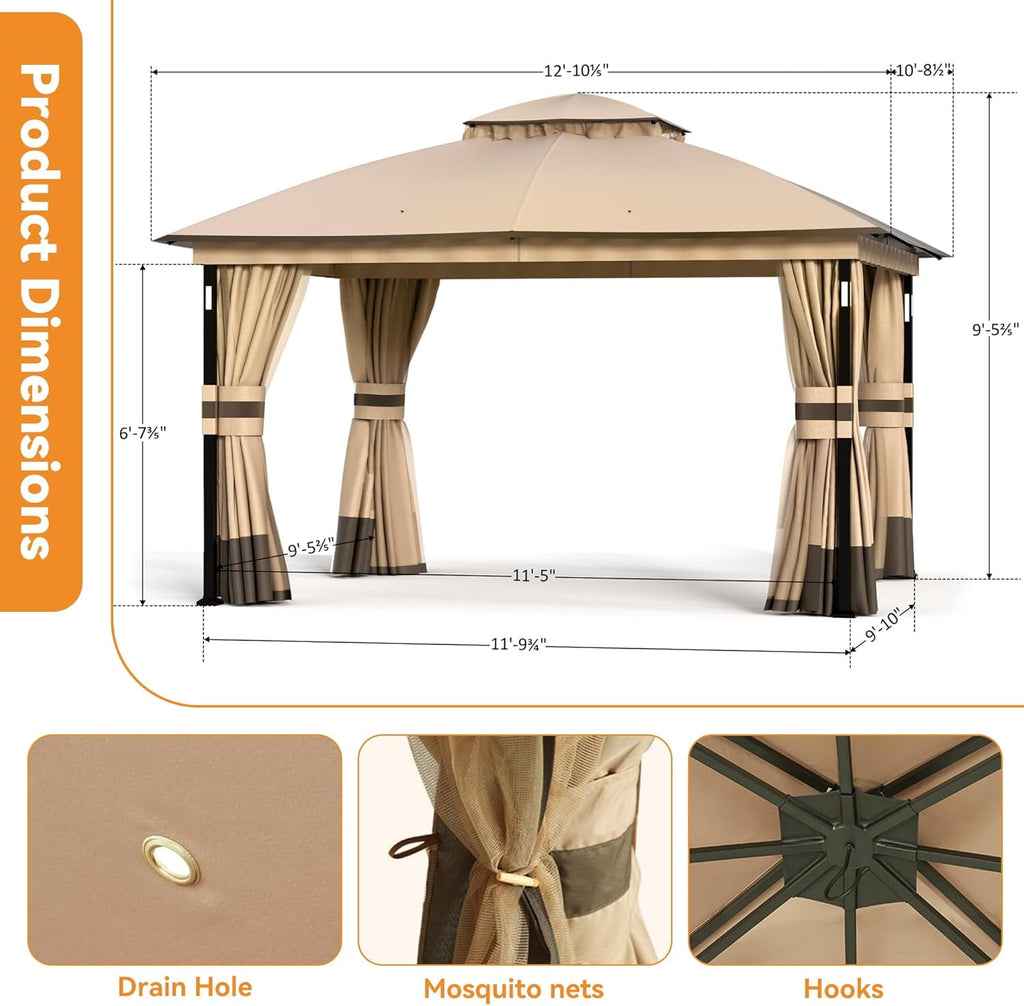 FONA Patio Gazebo 11'x13' with LED Lights & Bluetooth Speaker, Heavy Duty Outdoor Canopy Shelter with Metal Frame, Double Roofs, Soft-top Gazebo with Netting and Curtains for Backyard