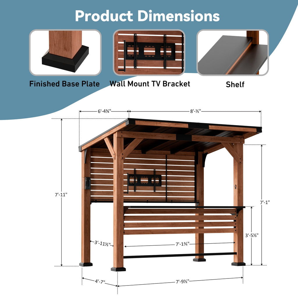 FONA 6.5'x8' Cedar Wood Bar&Grill Gazebo with Shelves,TV Mount,Hardtop Steel Roof,Power Strip