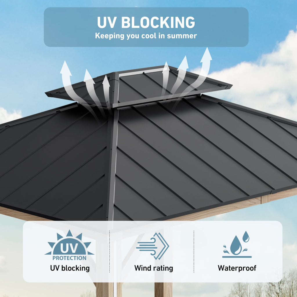 FONA 10'x12' Hardtop Gazebo with LED Lights,Double Roof,USB Port,Netting & Curtains for Patio,Brown