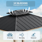 FONA 10'x12' Hardtop Gazebo with LED Lights,Double Roof,USB Port,Netting & Curtains for Patio,Brown