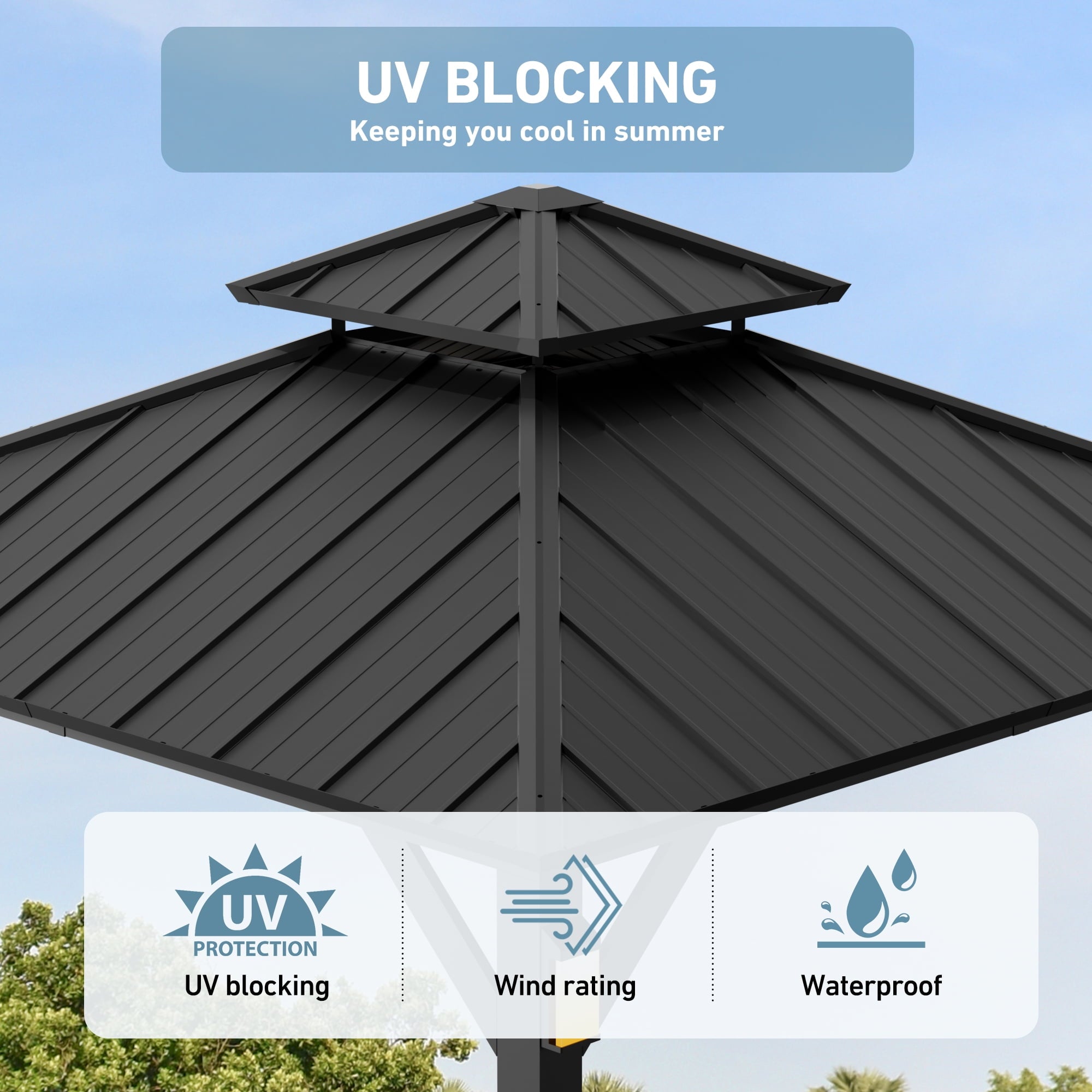 FONA 10'x10' Hardtop Metal Gazebo with LED Light,All-Weather Outdoor Pavilion for Patio,Garden,Black