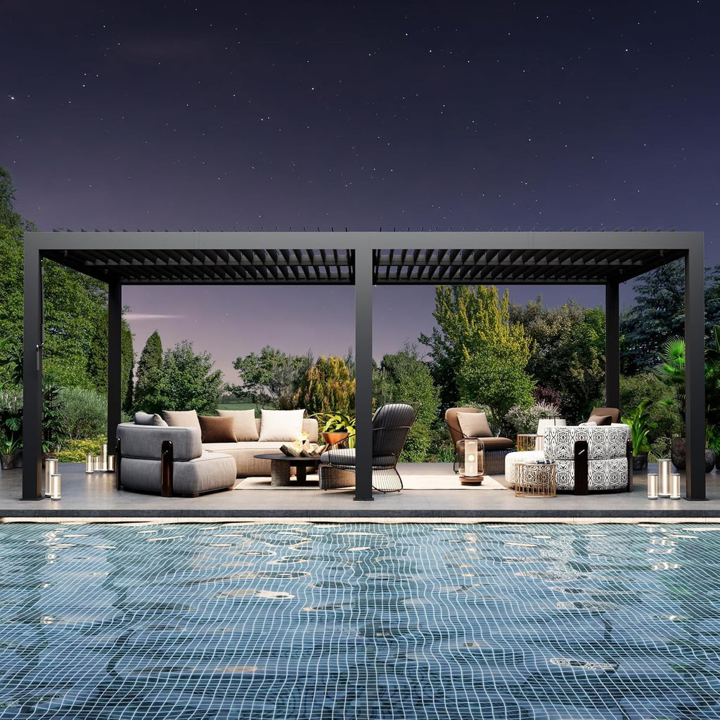 Modern Shade 10'x20' Louvered Pergola Waterproof adjustable roof with USB charging deck, reinforced steel frame and integrated drainage system