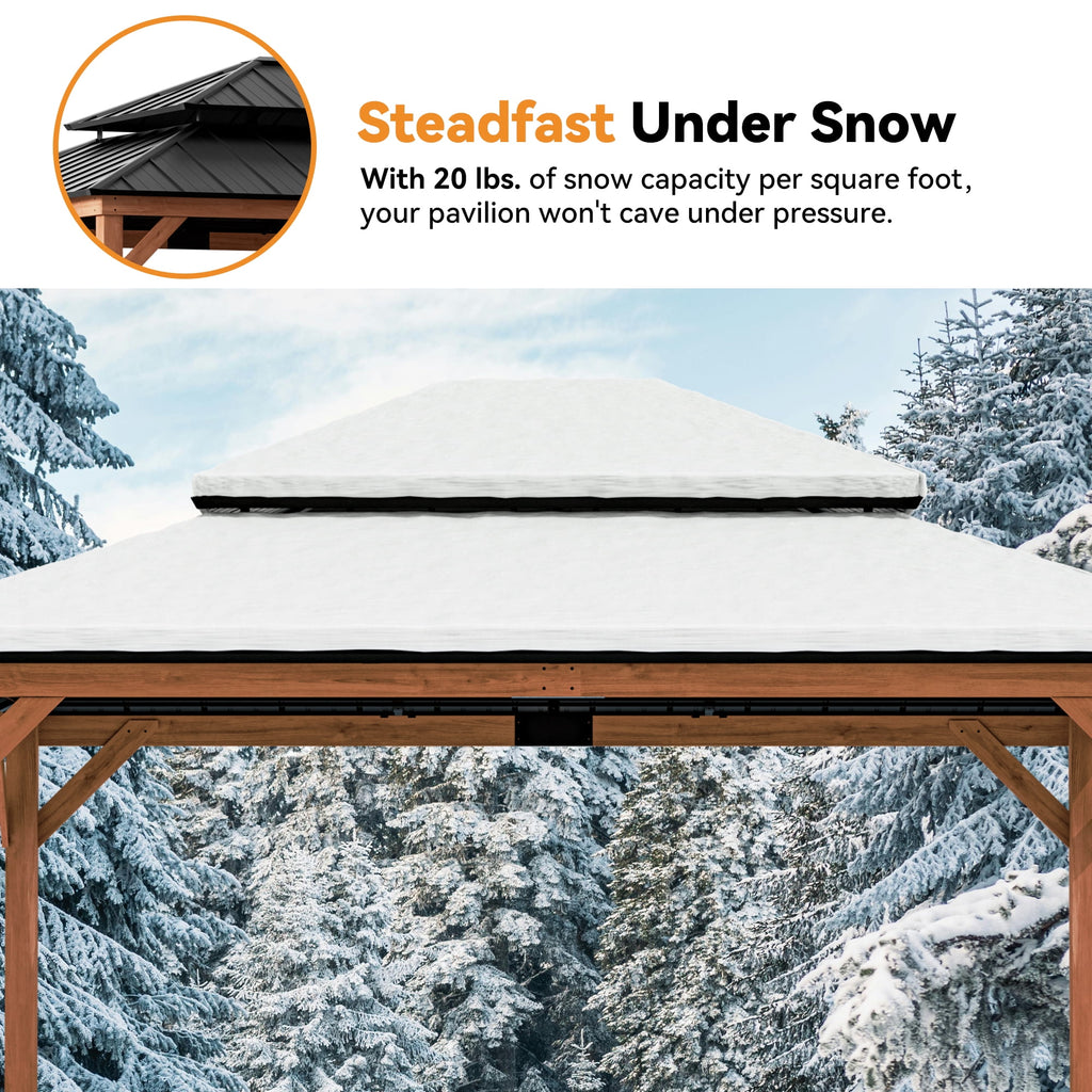 Modern Shade 13'x15'Outdoor Cedar Wood Hardtop Gazebo with Double Steel Roof, Mosquito Net Rods for Backyard Use