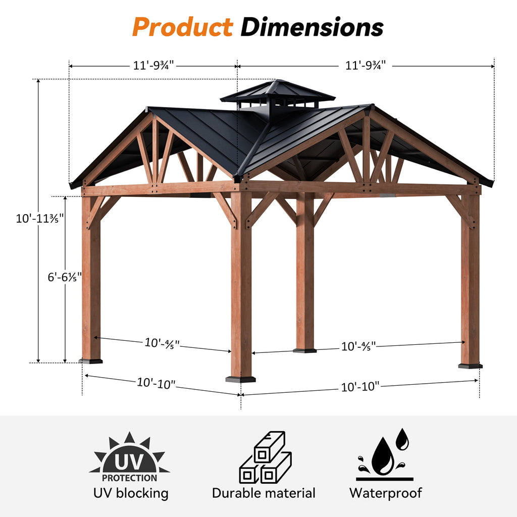 Modern Shade 12'x12' Cedar Hardtop Gazebo - Weatherproof Steel Roof, Permanent Outdoor Structure with FSC-Certified Wood Frame & Rust-Resistant Hardware
