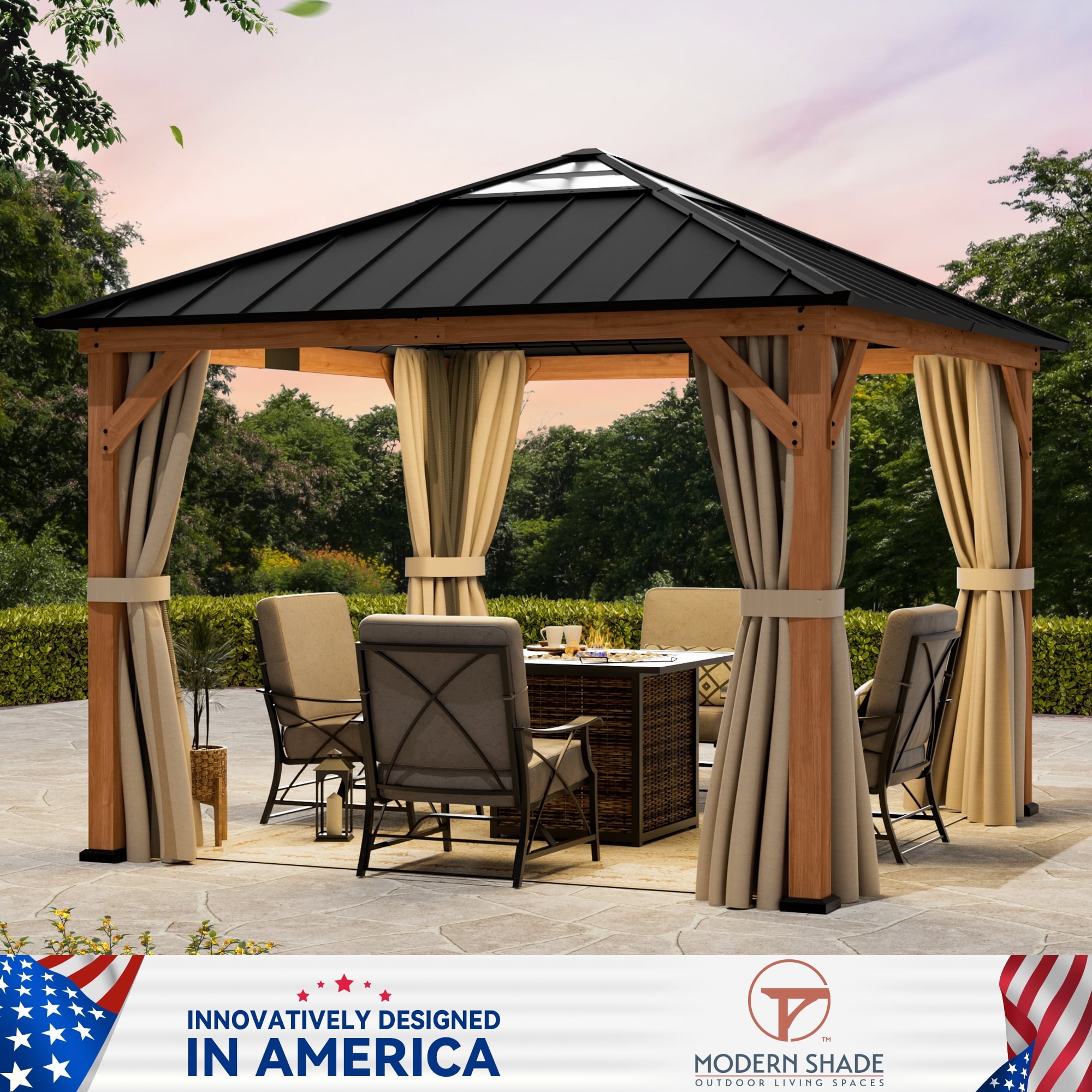 Modern Shade 11'x 11'Outdoor Cedar Wood Hardtop Gazebo with Galvanized Steel Roof and Mosquito Net for Patio Use