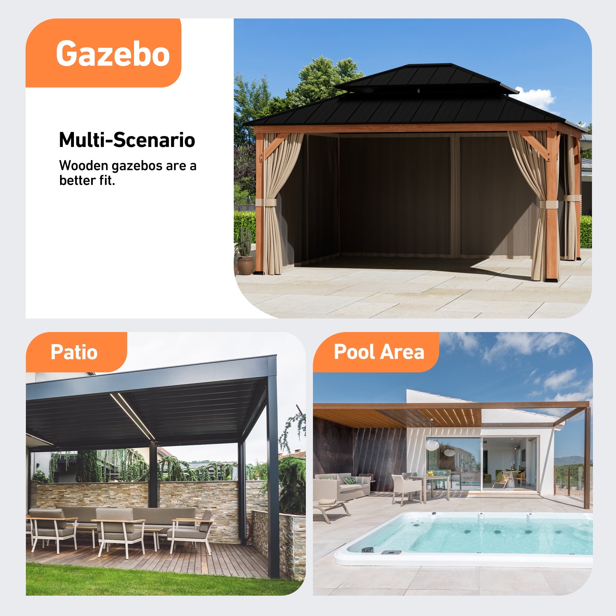 Modern Shade 13‘x15’ Cedar Gazebo Privacy Curtains Zippered Mosquito Net Universal 4 Panel Khaki Patio Replacement Sidewalls