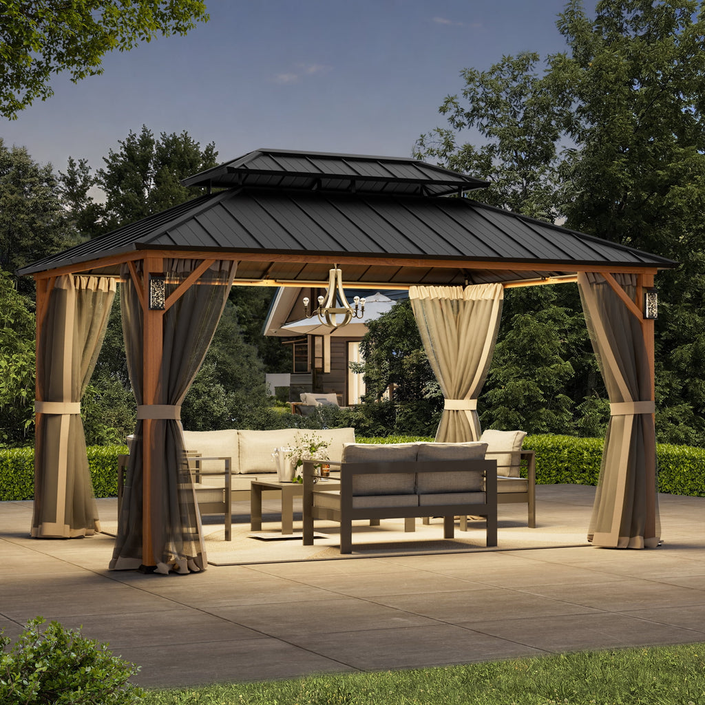 FONA 10'x14' Wood-Look Hardtop Gazebo with LED Lights,Double Roof,Netting & Hooks
