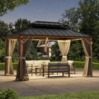 FONA 10'x14' Wood-Look Hardtop Gazebo with LED Lights,Double Roof,Netting & Hooks
