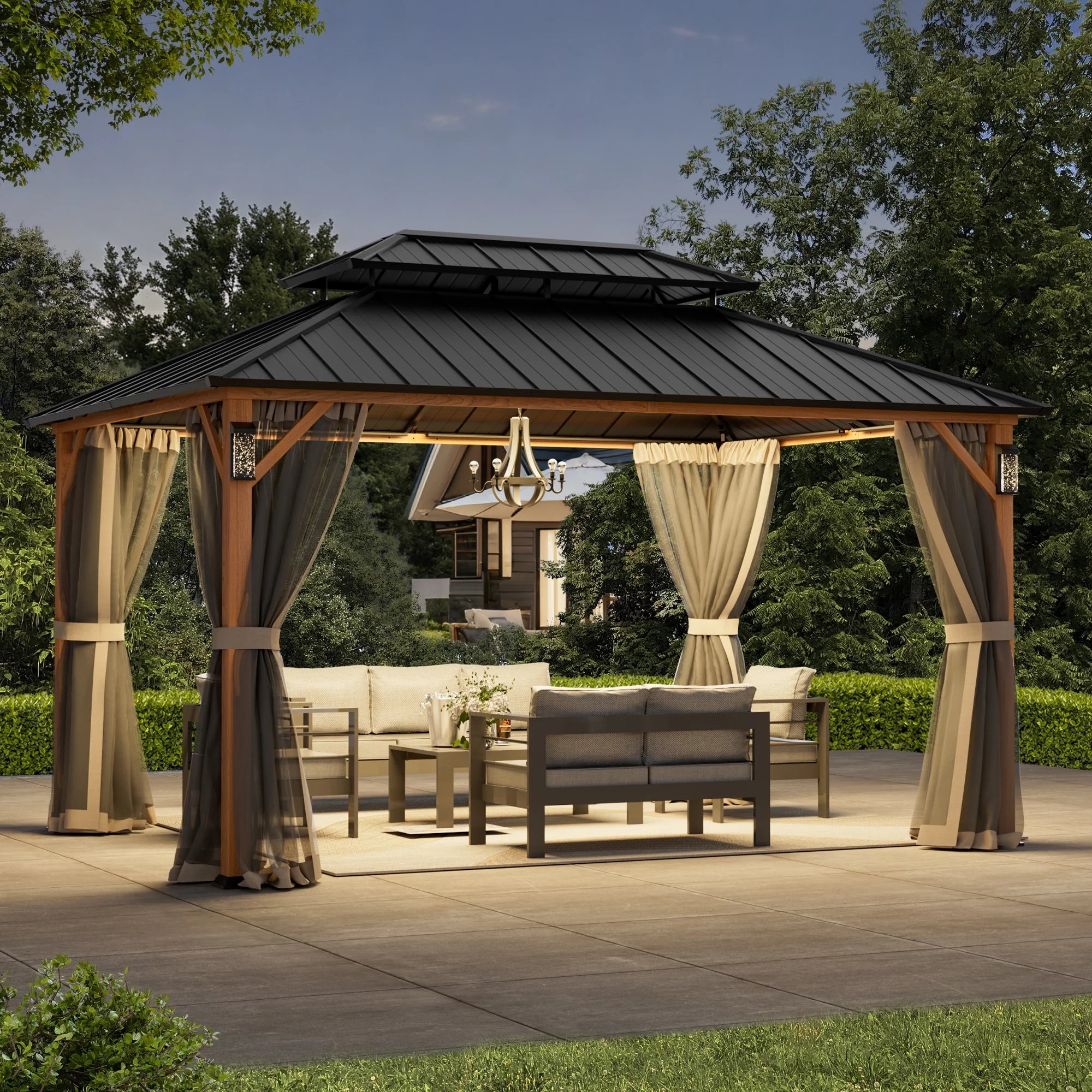 Modern Shade Hardtop Gazebo 10' x 14' with 4 LED Lights, Permanent Gazebo with Double Galvanized Steel Roof for Outdoor Backyard,