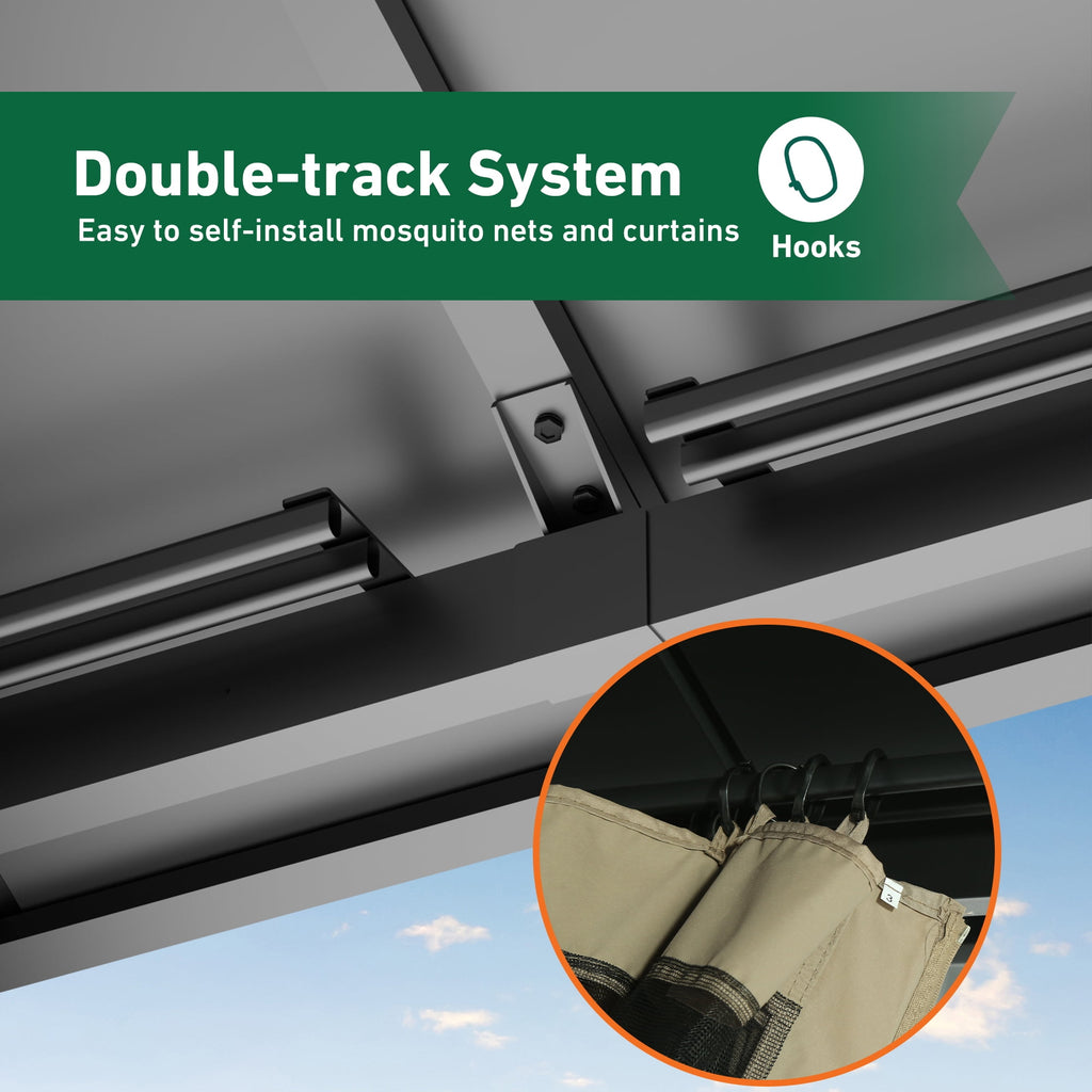 FONA The Horizon Permanent Hardtop Gazebo 12' x 24' with 4 LED Lights, Outdoor Gazebo with Galvanized Steel Double Roof, Patio Pavilion w/Decor Hooks, Mosquito Netting and Curtains, Black