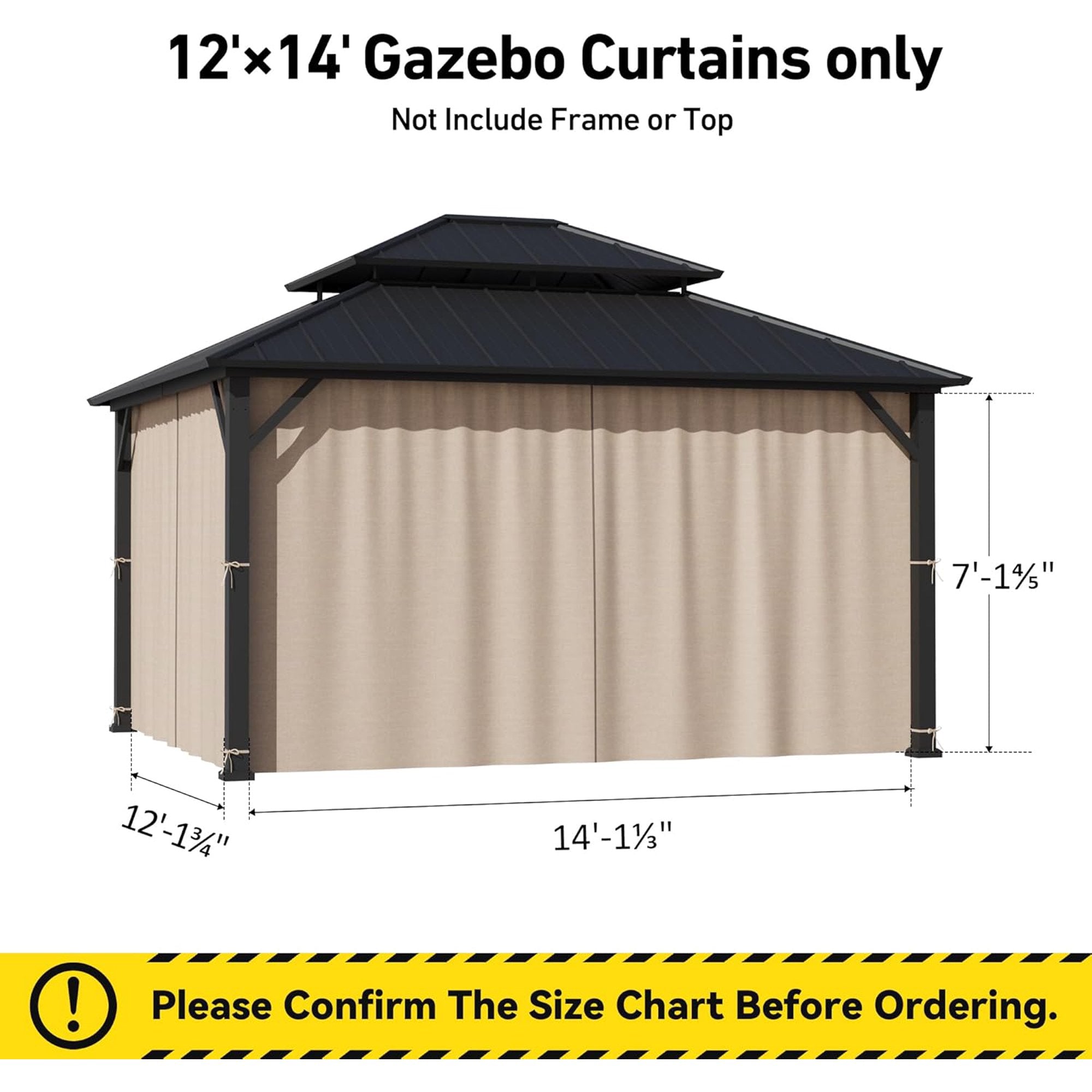 Covered Outdoor Universal Gazebo Curtain Replacement, 4-Panel 12' x14' Waterproof Privacy Sidewalls for Outdoor- Khaki( Curtain Only)