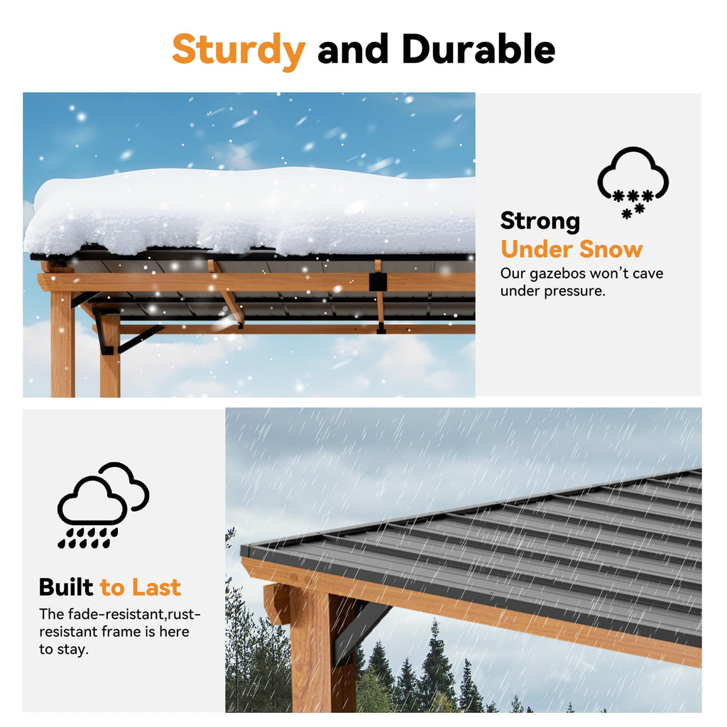 Modern Shade 6‘x12’ Hardtop Grill Gazebo with Shelf, Bottle Opener and Hooks, Rustproof Wood-Look Aluminum Design for Backyard Garden and Patio Brown