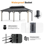 Modern Shade 12' x 20' Metal Hardtop Gazebo with Double Roof, 6 LED Lights, USB Ports, Curtains & Netting