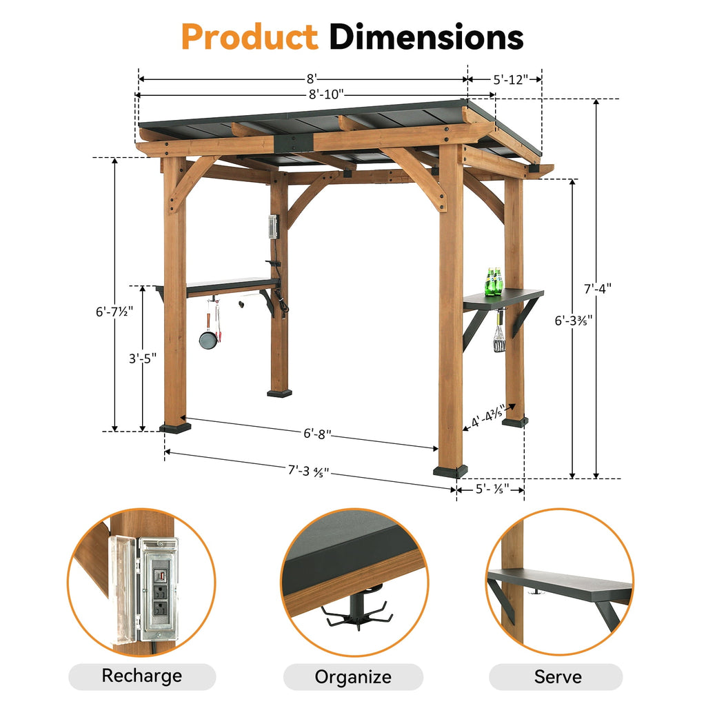 Modern Shade 6'x8' Cedar Bbq Gazebo with Galvanized Steel Roof, Tool Shelves & Dual USB Ports Grill Shelter with Paper Towel Holder for Patio/Backyard