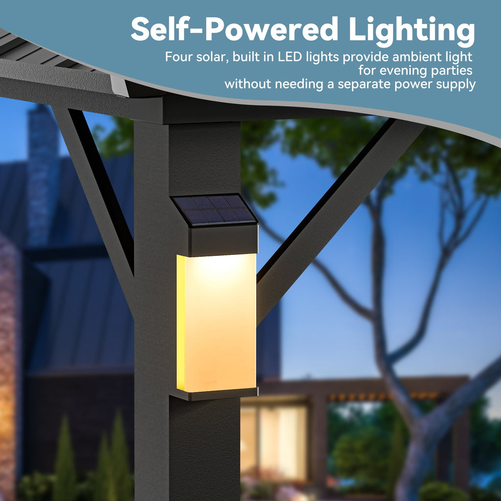 FONA 12'x16' Permanent Hardtop Gazebo with LED Lights,Double Roof,Mosquito Netting & Hooks,Black